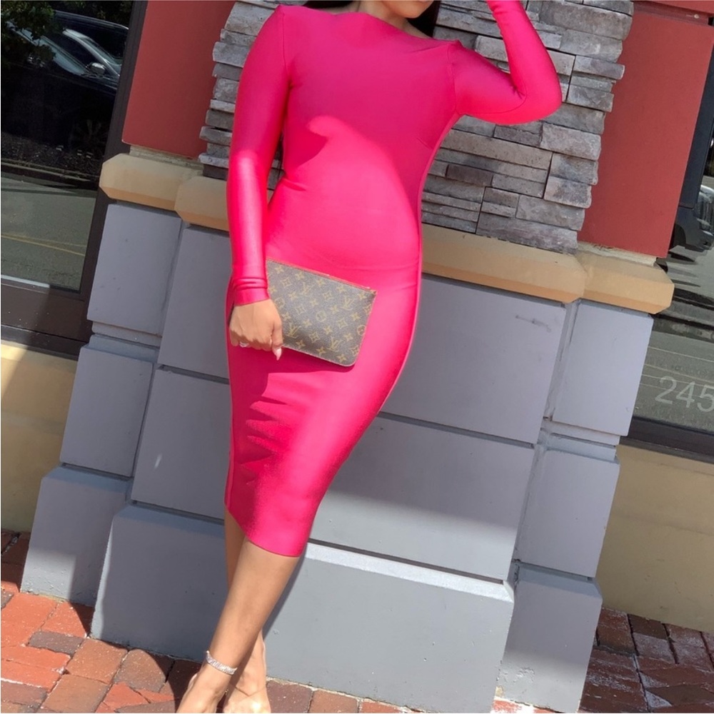 House of CB Antonia Hot Pink Backless Bandage Midi Dress Long Sleeves Backless